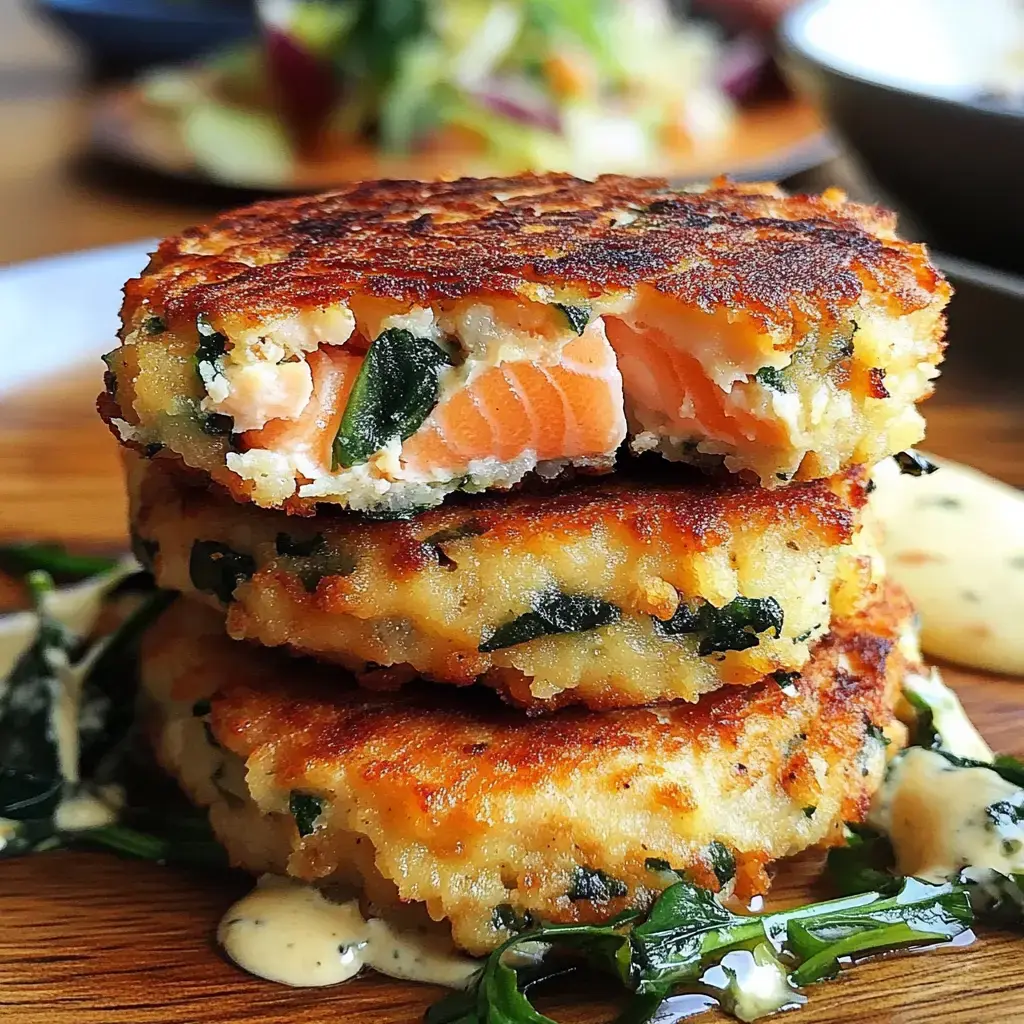 Trois croquettes dorées de poisson au saumon et épinards, servies empilées sur une planche en bois avec un filet de sauce.
