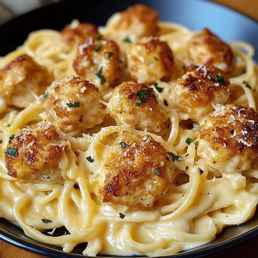 Un gros plan d'un plat de pâtes fettuccine nappées de sauce crémeuse et de boulettes de viande dorées, garnies de persil.