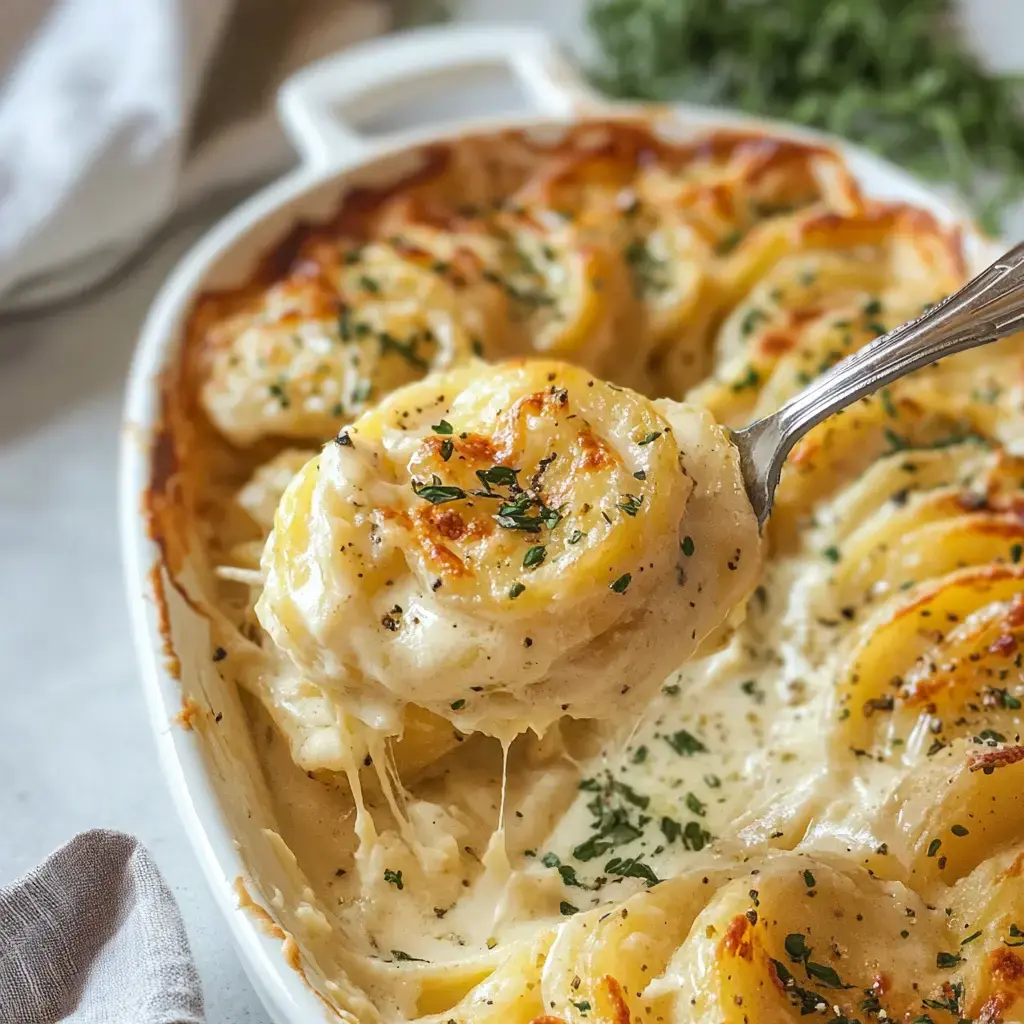 Une cuillère sert un plat crémeux, fromager et doré de pommes de terre d'une casserole blanche, garni d'herbes fraîches.