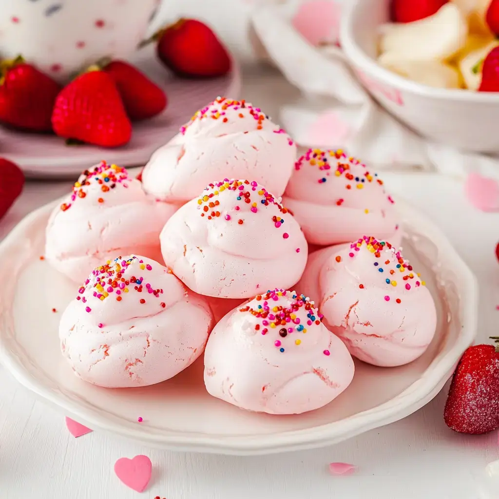 Une assiette de meringues roses décorées avec des paillettes colorées, entourées de fraises fraîches et décorations en forme de cœur.
