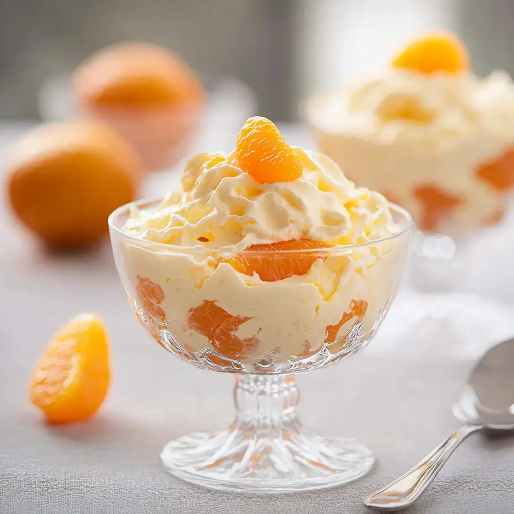 Un verre à dessert rempli de crème fouettée et segments d'orange, garni d'une tranche d'orange, présenté à côté d'oranges entières.