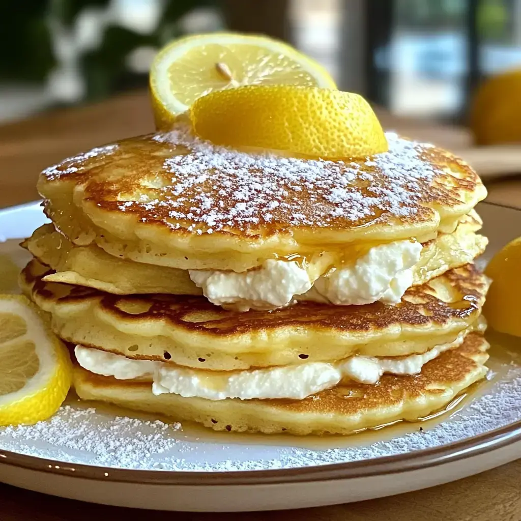 Une pile de crêpes moelleuses est garnie de tranches de citron, de sucre glace et nappée de sirop.