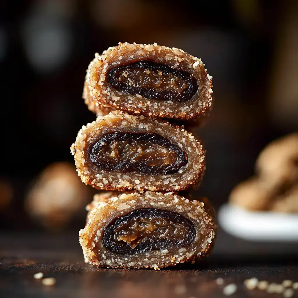 Trois morceaux empilés de dattes roulées sucrées recouvertes d'un sucre clair et grossier sont présentés sur un fond flou.