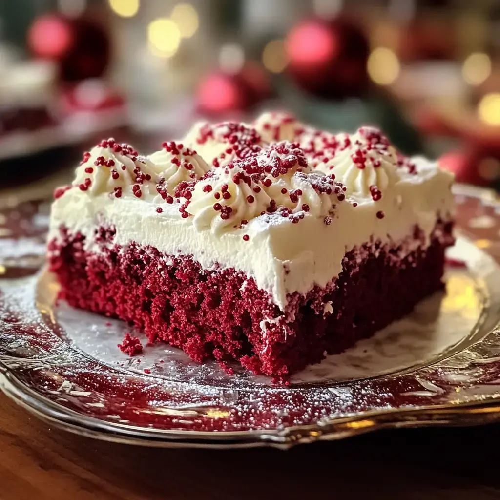 Une part de gâteau velours rouge garnie de glaçage au fromage frais et paillettes rouges, servie sur un plateau argenté avec un décor festif.