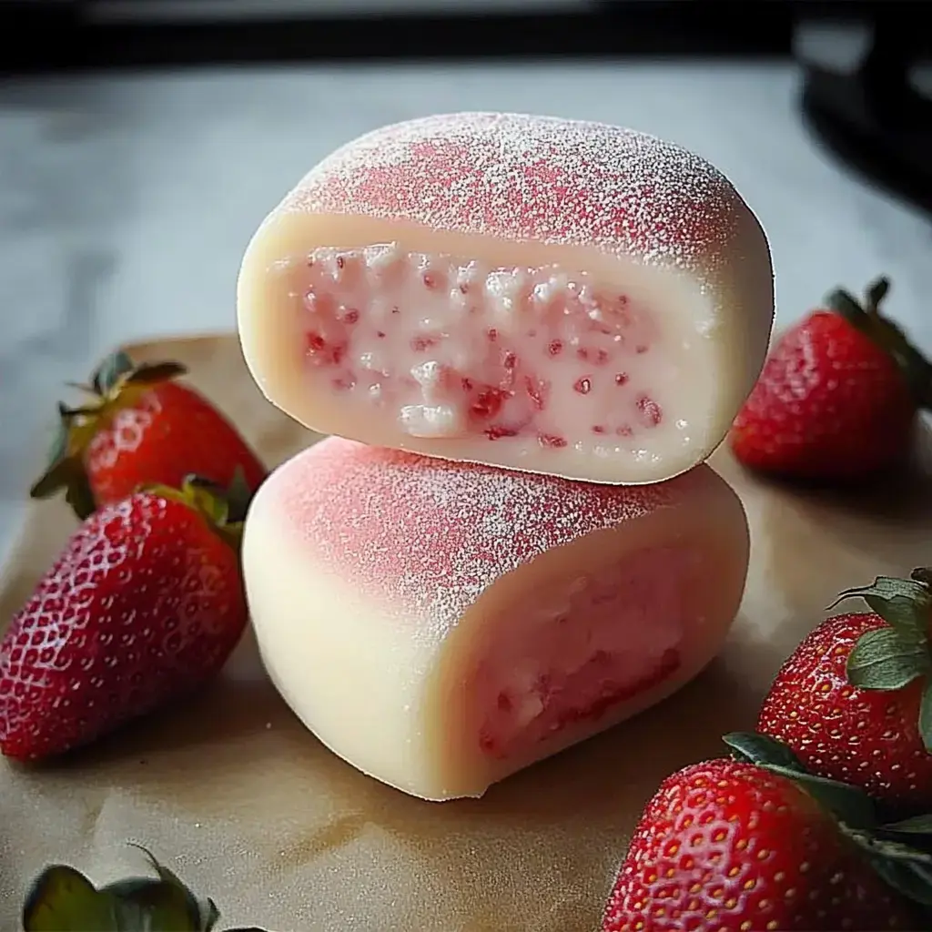 Un gros plan de deux morceaux de mochi rose à la fraise, avec des fraises fraîches dispersées autour d'eux.