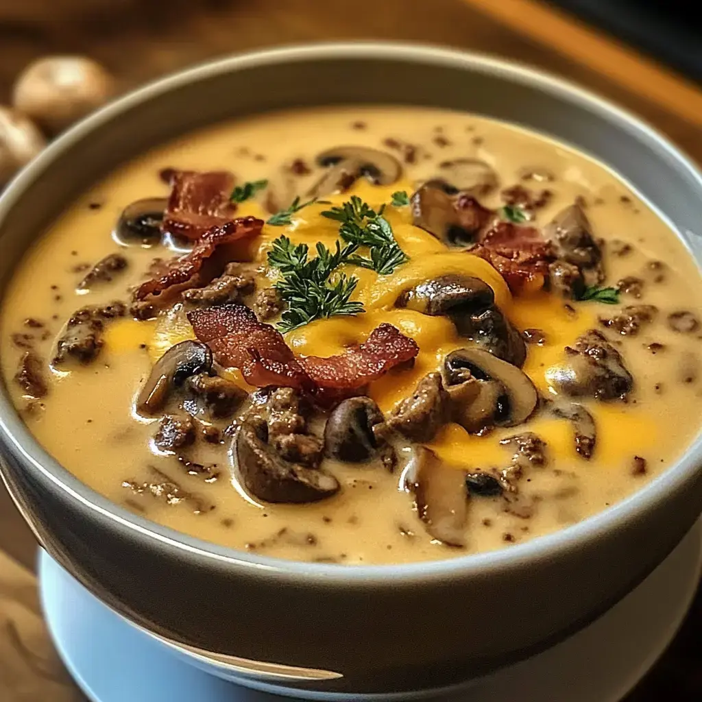 Une soupe crémeuse remplie de champignons, bœuf haché, et garnie de fromage cheddar, bacon croustillant et herbes, servie dans un bol.
