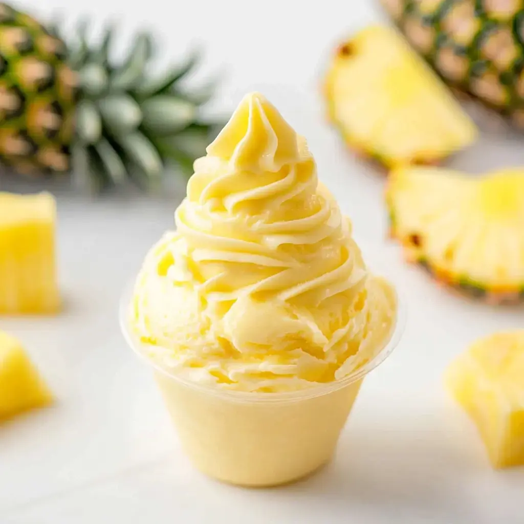 Une glace onctueuse jaune à l'ananas dans un gobelet, entourée de tranches d'ananas frais.