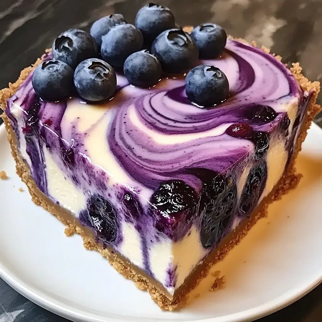 Une part de gâteau aux myrtilles avec un tourbillon violet crémeux et des myrtilles fraîches sur le dessus, servie sur une assiette blanche.
