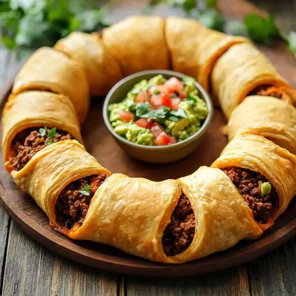 Un plat rond présente un anneau de pâte dorée rempli de viande épicée, accompagné d'un bol de guacamole et de tomates en dés.