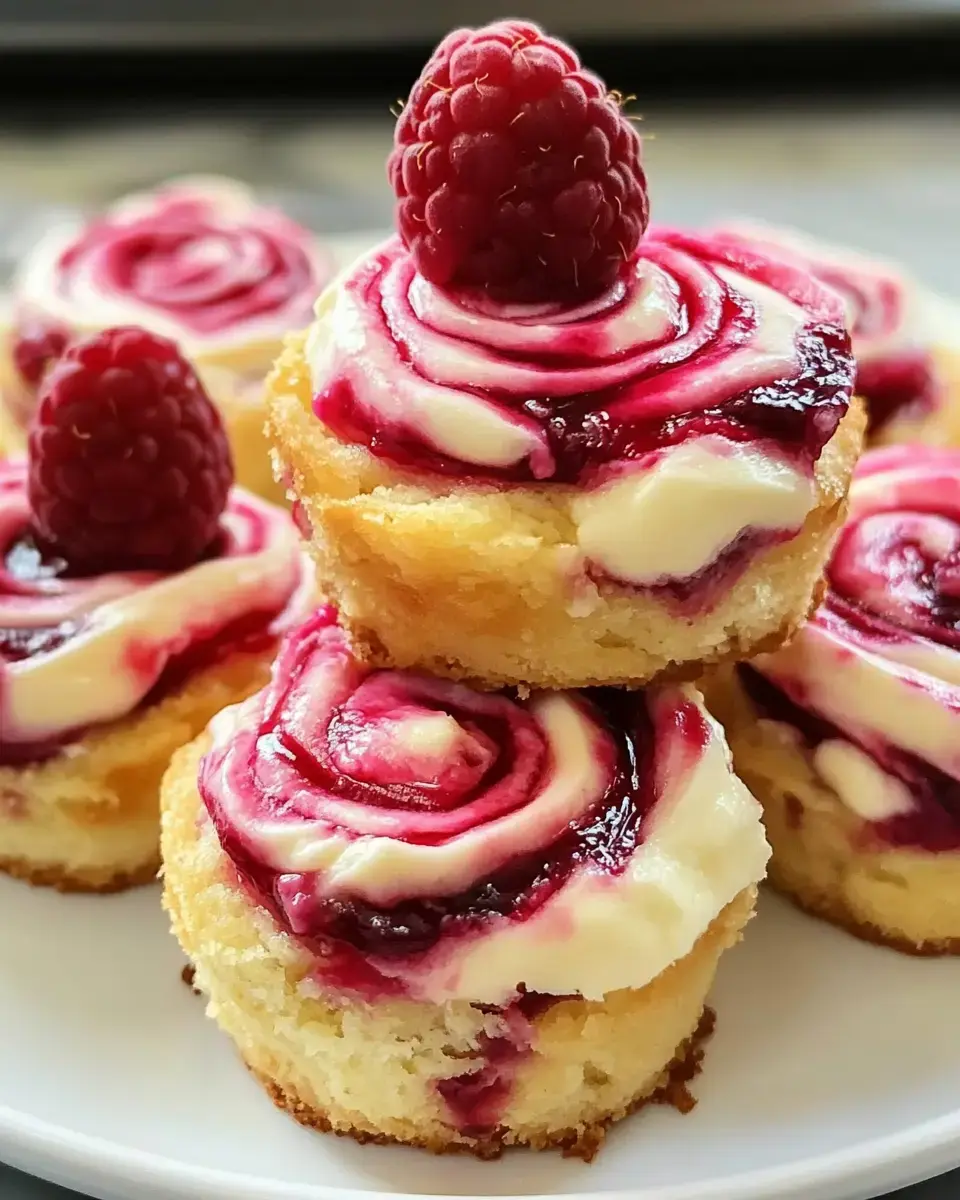 Une assiette de mini gâteaux surmontés de tourbillons de coulis de framboises et d'une framboise fraîche sur chacun.