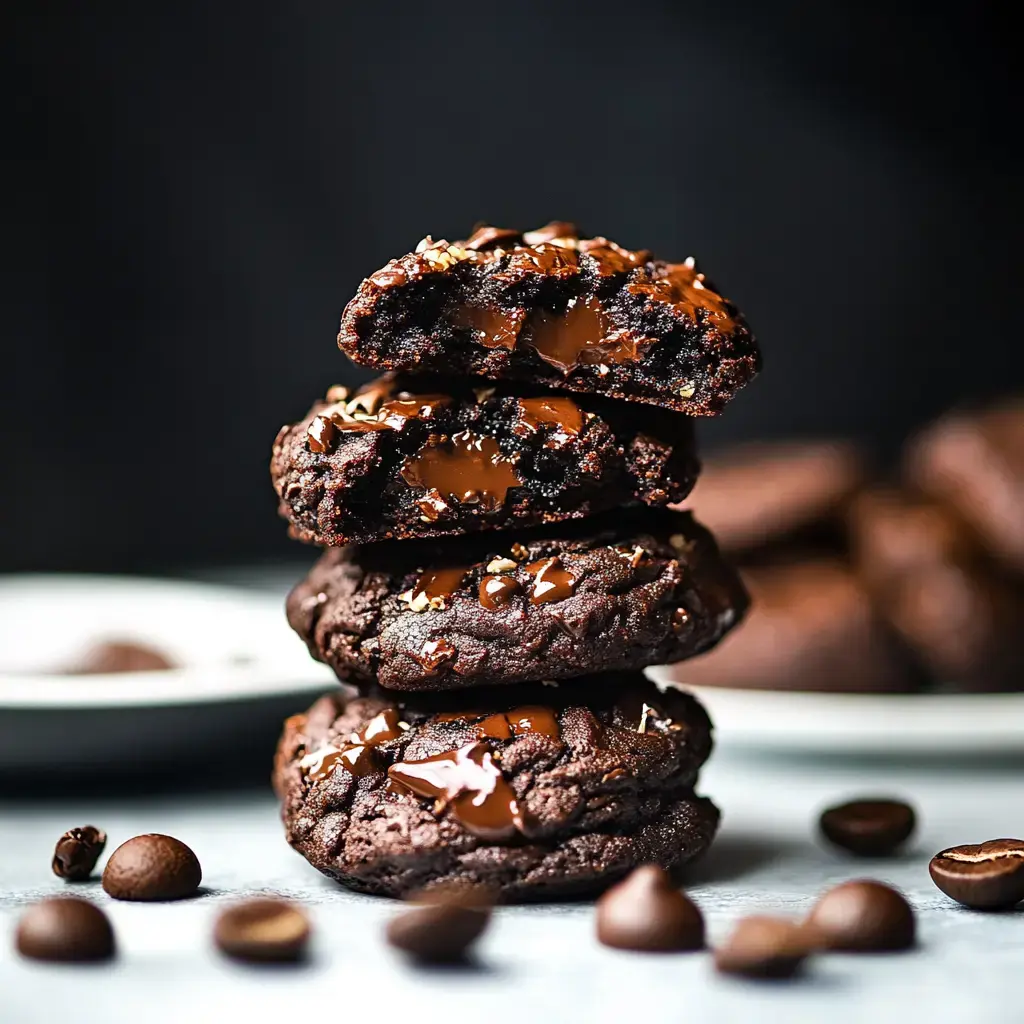 Une pile de trois biscuits au chocolat, dont un est cassé pour révéler le chocolat fondant à l'intérieur, avec des grains de café éparpillés autour et d'autres biscuits en arrière-plan.
