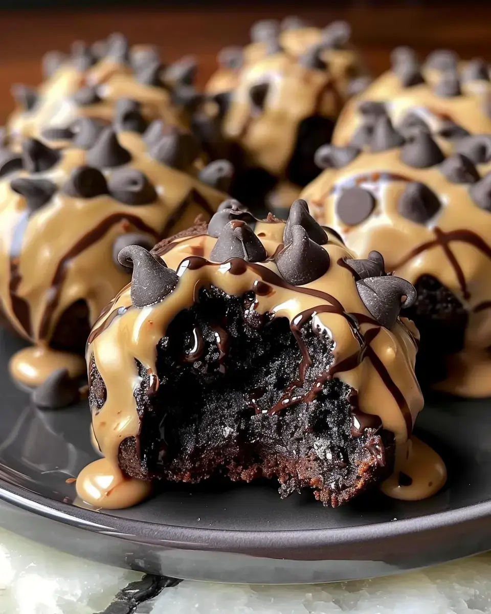 Un gros plan d'une assiette de desserts au chocolat nappés de caramel et garnis de pépites de chocolat, avec un gâteau montrant une bouchée déjà prise.