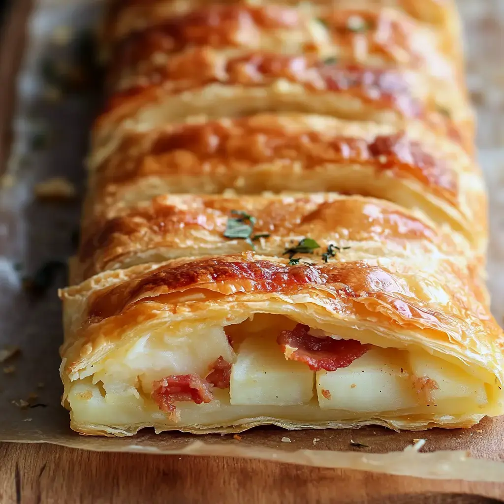 Un rouleau de pâte feuilletée doré garni de pommes de terre et lardons, décoré d'herbes fraîches.