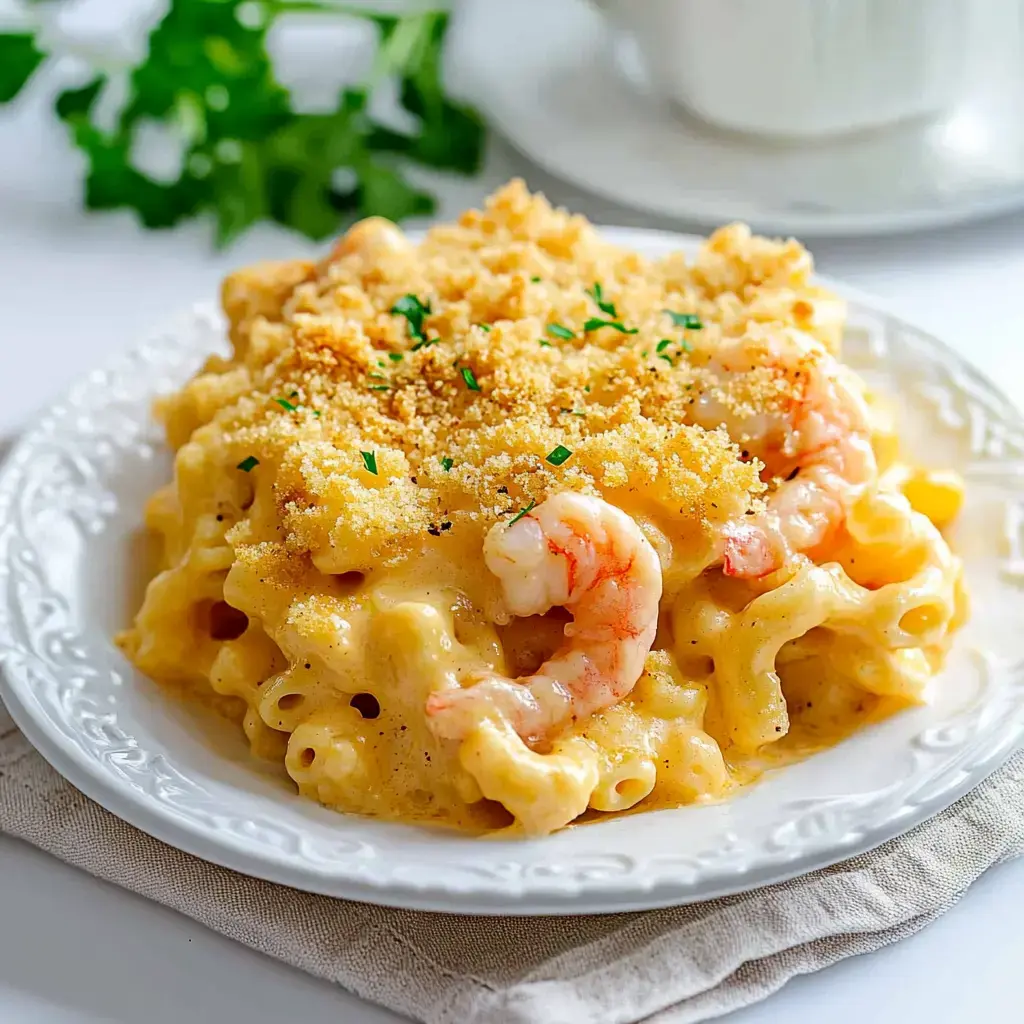 Un plat crémeux de macaroni garni de chapelure et crevettes, parsemé de persil, servi sur une assiette décorative.