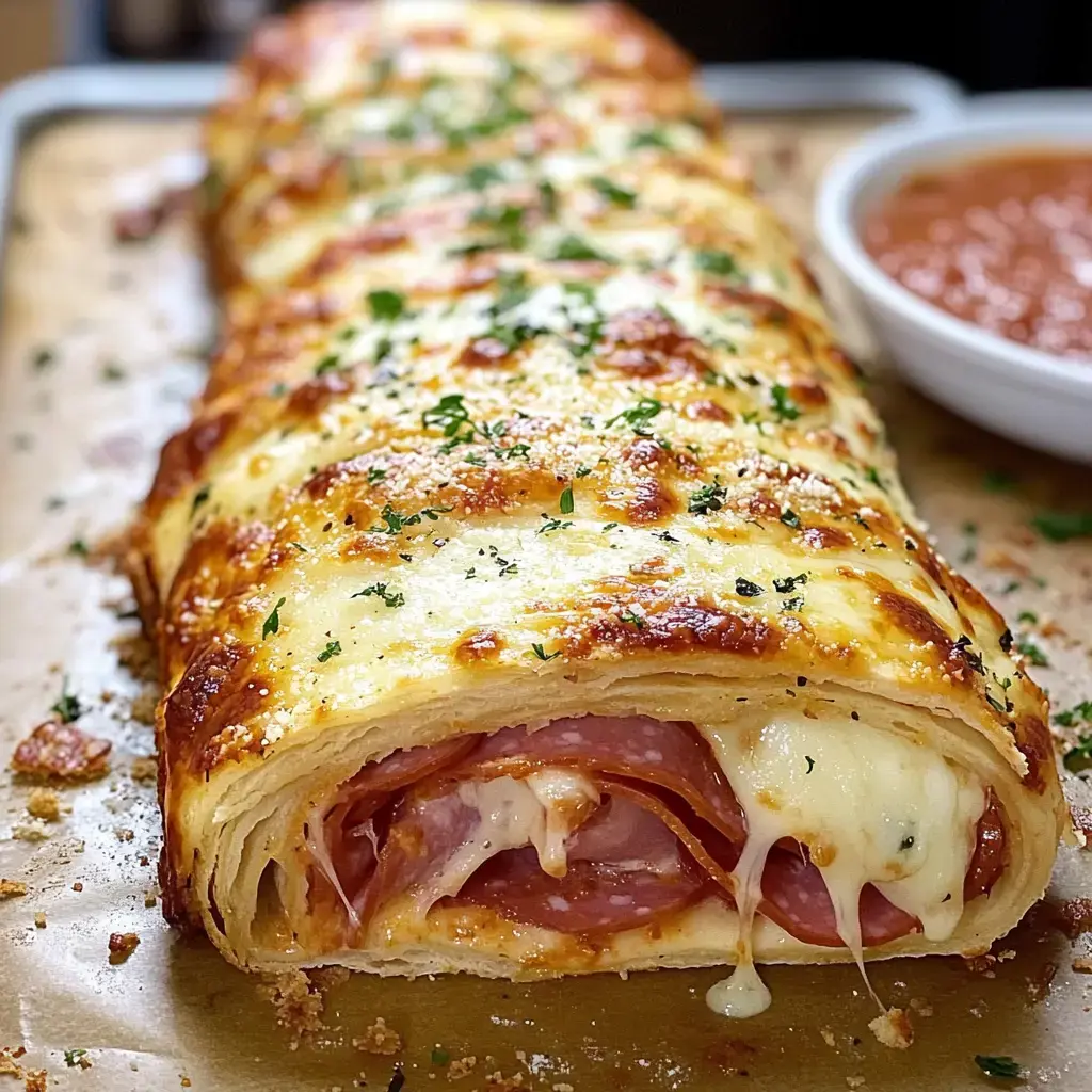 Un roulé doré et fromager rempli de couches de jambon et fromage fondu, servi avec une sauce marinara.