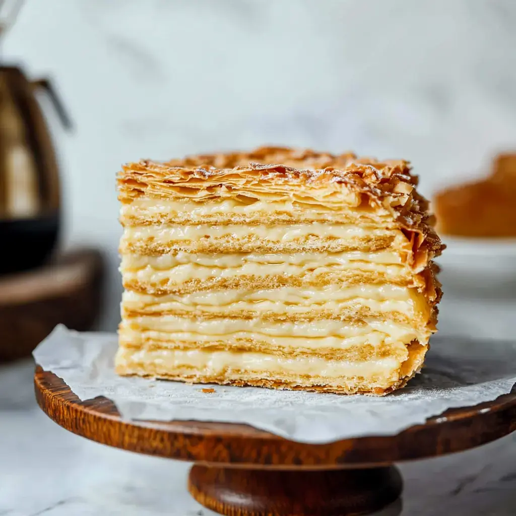 Une part de dessert feuilleté avec garniture crémeuse présentée sur un support à gâteau en bois.
