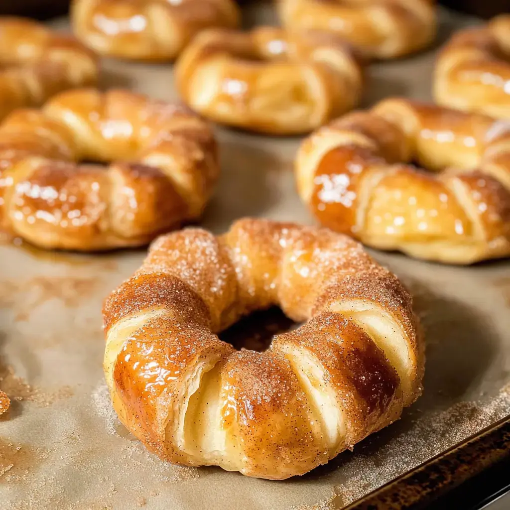 Une image en gros plan de beignets dorés fraîchement cuits, saupoudrés de sucre à la cannelle sur une plaque de cuisson.
