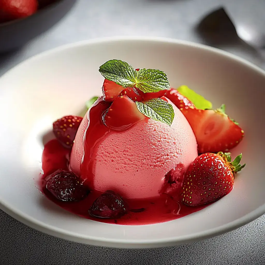 Une boule de sorbet rose aux fraises garnie de fraises fraîches et de feuilles de menthe, servie dans un bol blanc avec un coulis de fruits rouges.