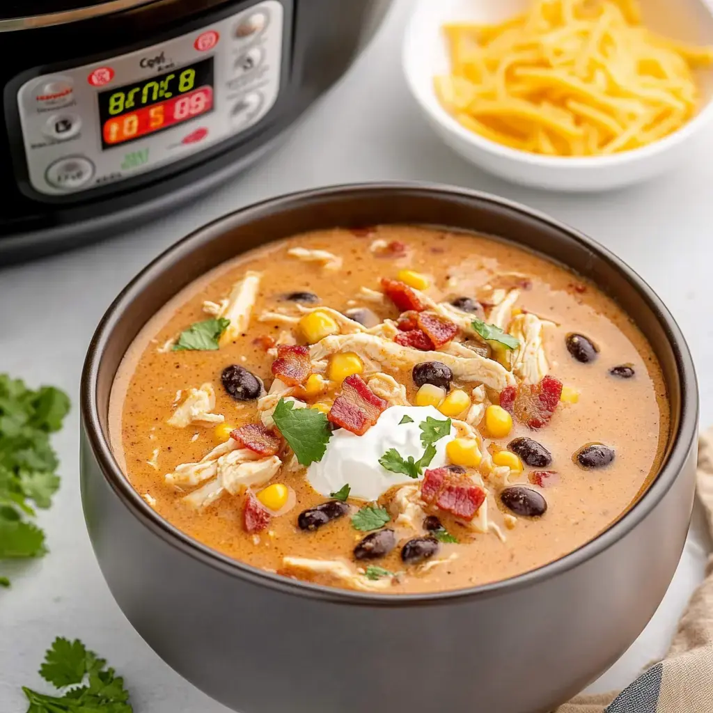 Un bol de soupe crémeuse au poulet avec haricots noirs, maïs, morceaux de bacon, garni de coriandre et crème fraîche, à côté d'un mijoteur affichant le temps de cuisson.