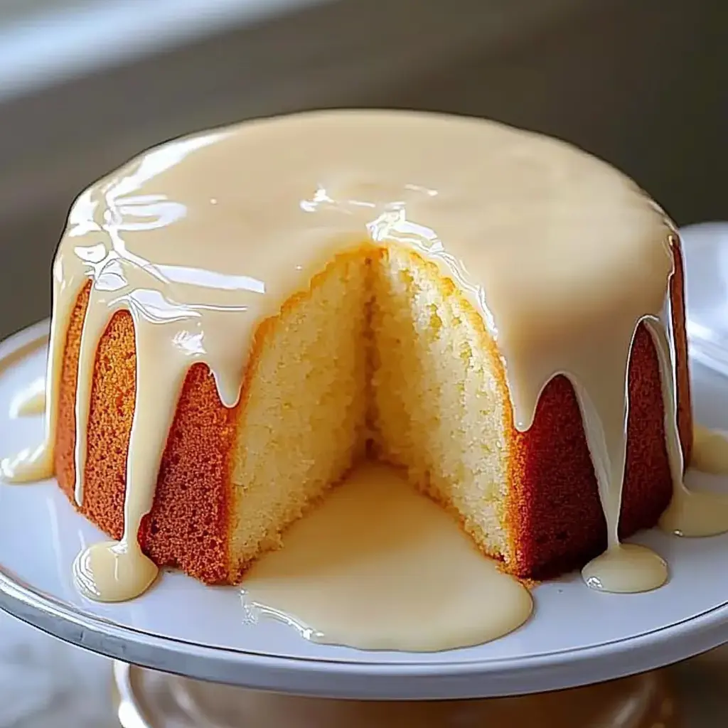 Un gâteau rond avec un glaçage brillant est présenté sur une assiette, avec une tranche coupée qui révèle son intérieur moelleux.