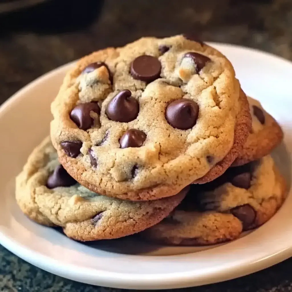 Un gros plan d'une pile de biscuits aux pépites de chocolat sur une assiette blanche.