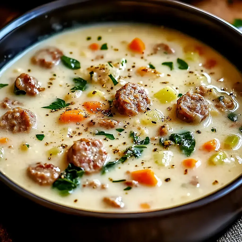 Une soupe crémeuse remplie de saucisses, carottes, céleri et herbes présentée dans un bol foncé.