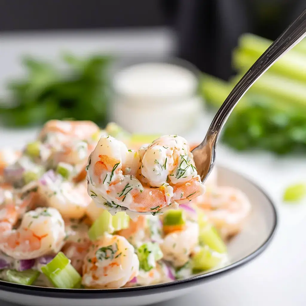 Une cuillerée de salade de crevettes avec crevettes, céleri et herbes dans une sauce crémeuse, avec plus de salade en arrière-plan.