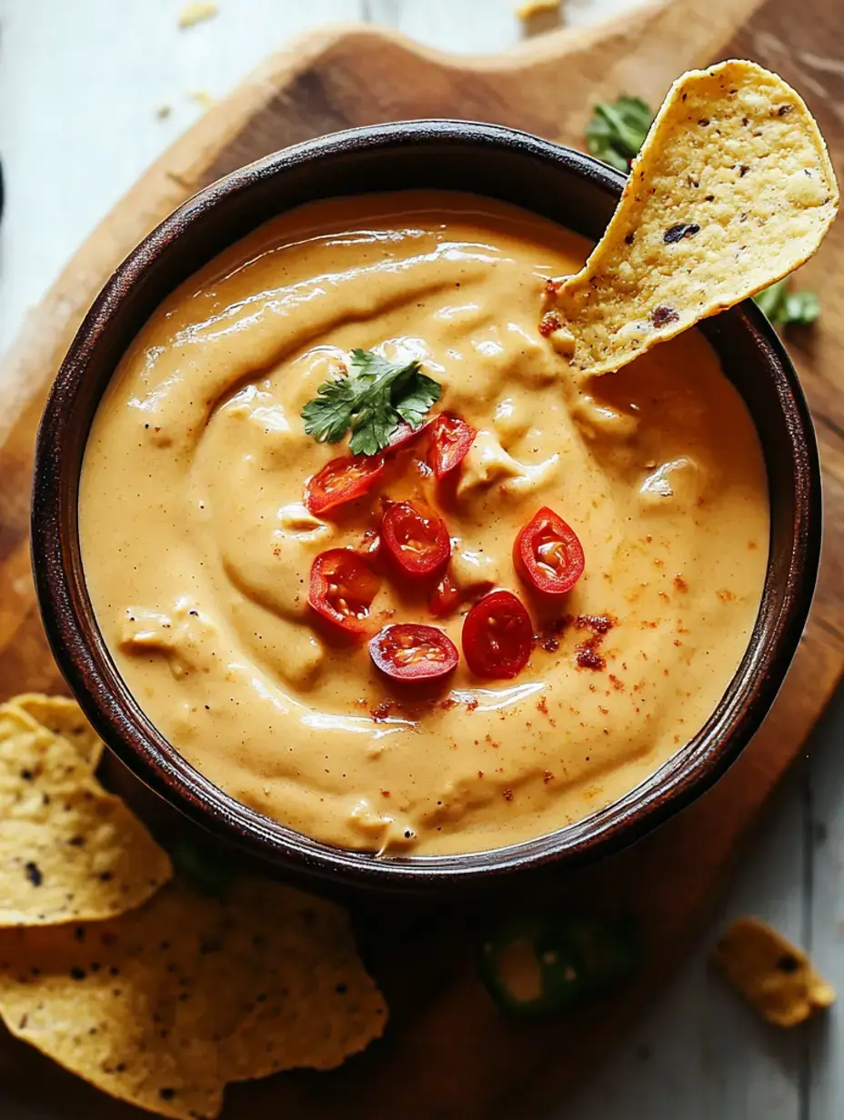 Un bol en bois rempli de trempette crémeuse garnie de tomates cerises tranchées et d'un soupçon d'assaisonnement, accompagné de chips tortilla.