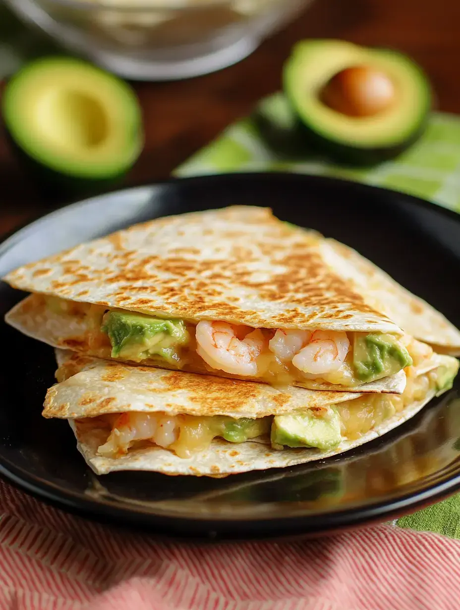 Un gros plan de deux quesadillas garnies de crevettes et d'avocat, servies sur une assiette noire avec des moitiés d'avocat frais en arrière-plan.