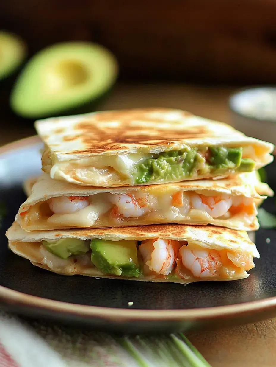 Un gros plan de trois quesadillas empilées garnies de crevettes et d'avocat, servies sur une assiette sombre, avec des moitiés d'avocat floues en arrière-plan.