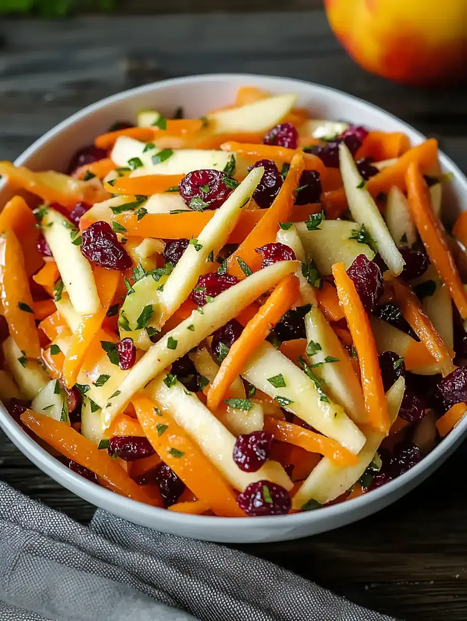 Un bol de salade colorée avec des pommes finement tranchées, des carottes et des cranberries, garnie de persil.