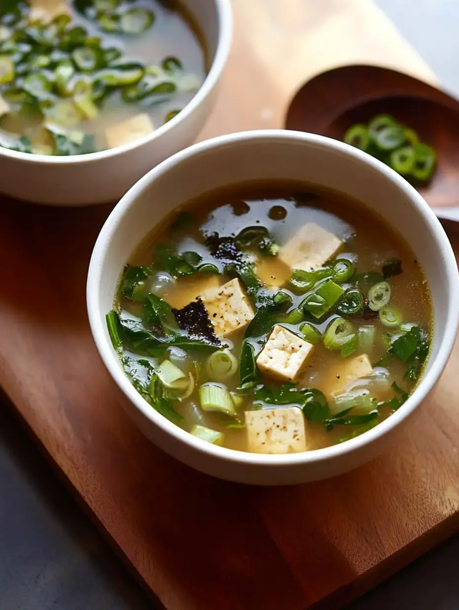 Deux bols de soupe avec tofu et oignons verts posés sur une surface en bois, accompagnés d'un petit bol d'oignons verts hachés.