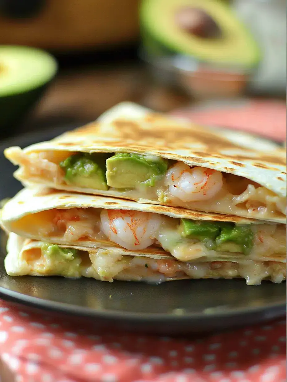 Un gros plan de deux quesadillas aux crevettes et avocat empilées sur une assiette noire avec un avocat flou en arrière-plan.