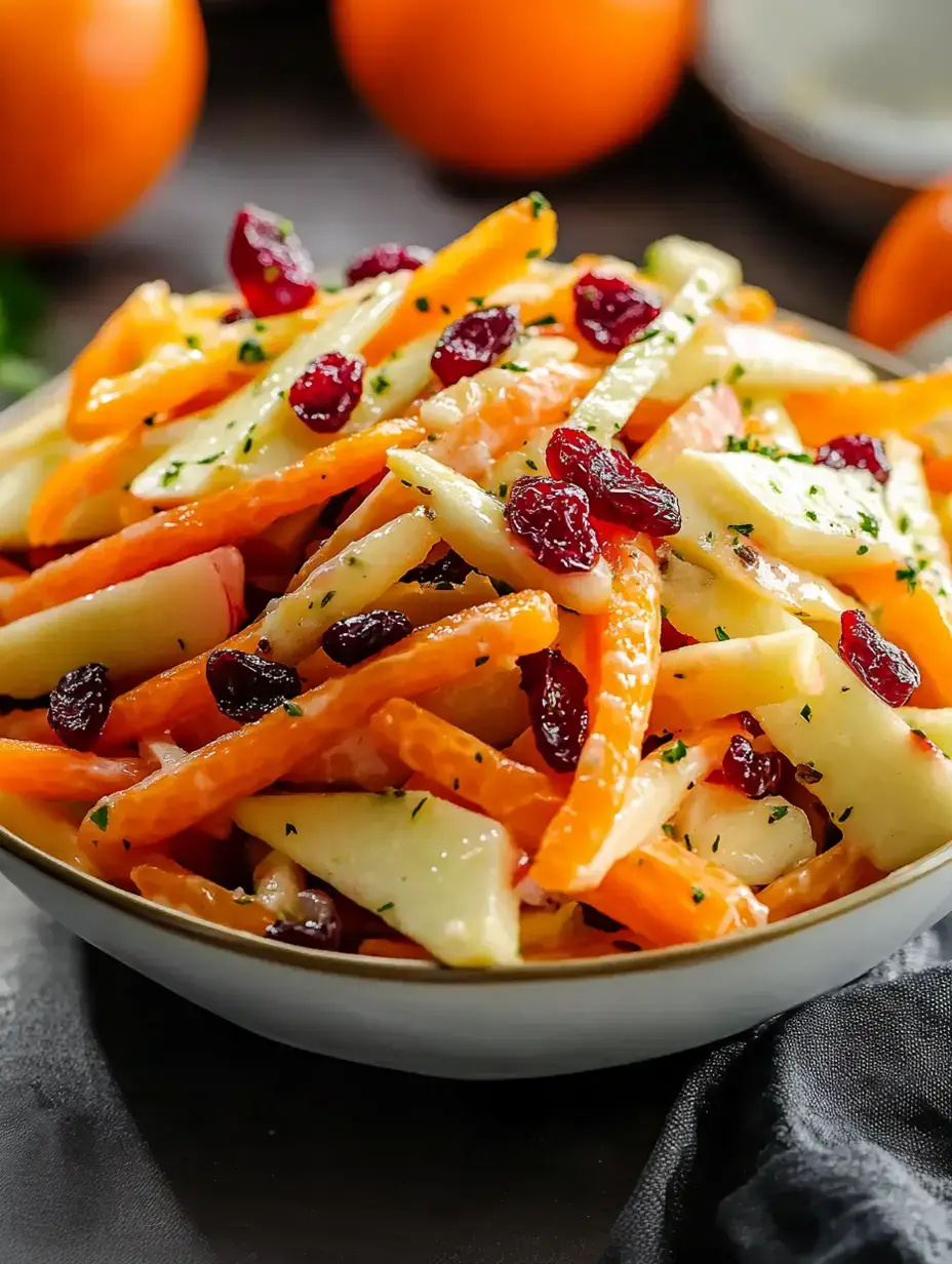 Un bol éclatant de salade avec des tranches d'orange et de pomme, des carottes et des cranberries, garni de persil.