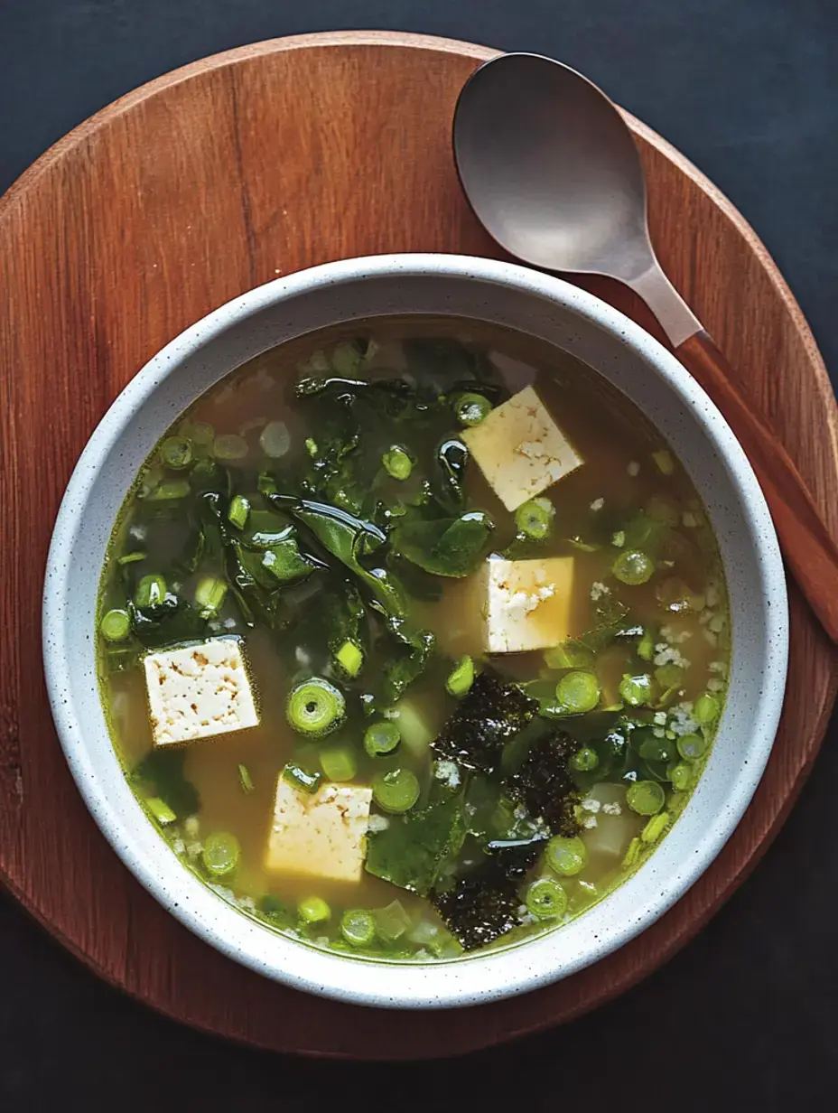 Un bol de soupe claire rempli de tofu, oignons verts, algues et légumes verts, posé sur une assiette en bois avec une cuillère à côté.