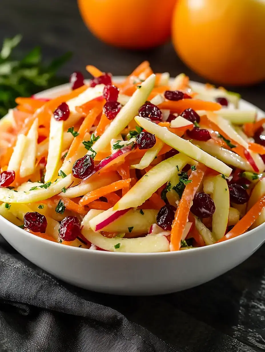 Un bol de salade colorée avec des pommes râpées, carottes, cranberries séchées et persil, avec deux oranges en arrière-plan.
