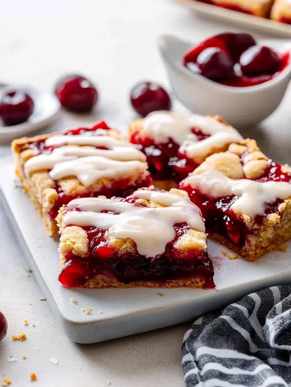 Une assiette de carrés aux cerises nappés de glaçage, accompagnés de cerises fraîches.