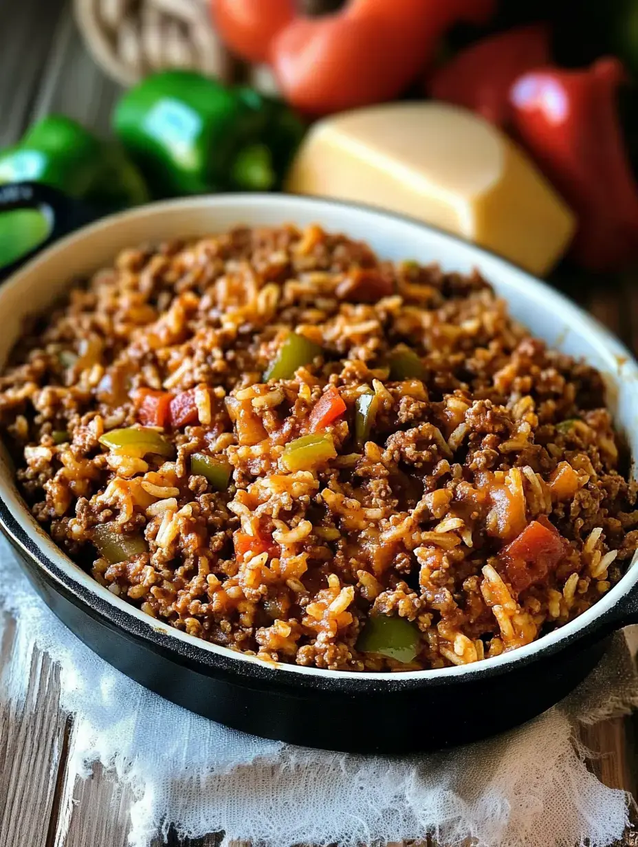 Une portion de bœuf haché assaisonné et de riz avec des légumes coupés en dés dans un bol noir, entourée de poivrons frais et de fromage en arrière-plan.