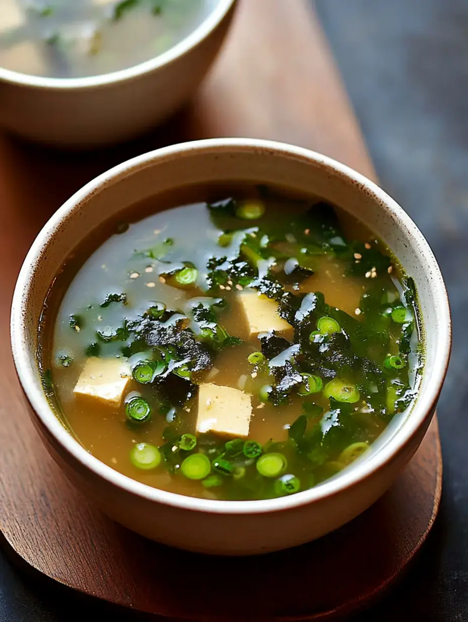 Un bol de soupe miso avec tofu, algues et oignons verts, posé sur une surface en bois.