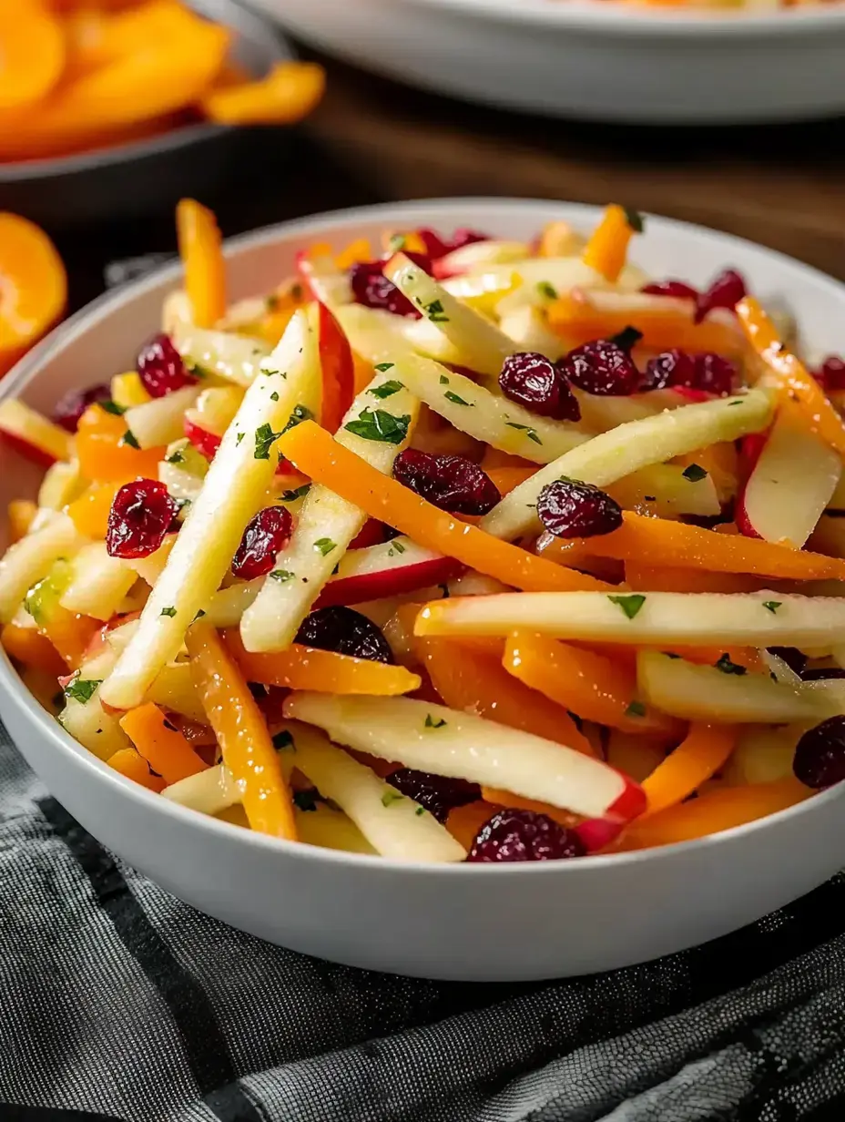 Une salade colorée avec des lamelles de pommes, d'abricots et des cranberries, garnie d'herbes hachées dans un bol blanc.