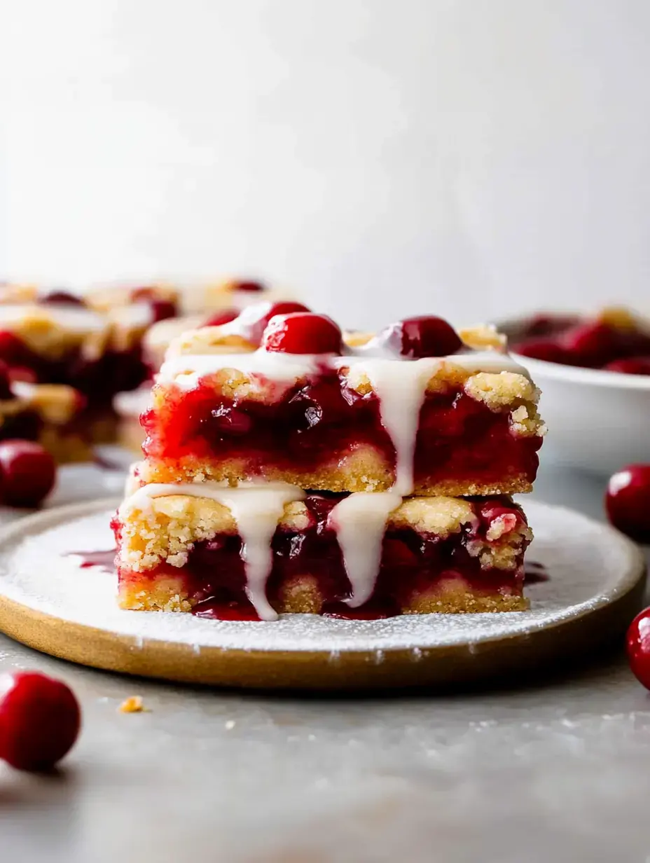 Un gros plan de couches superposées de dessert aux cerises nappé de glaçage blanc sur une assiette décorative, entourées de cerises fraîches.