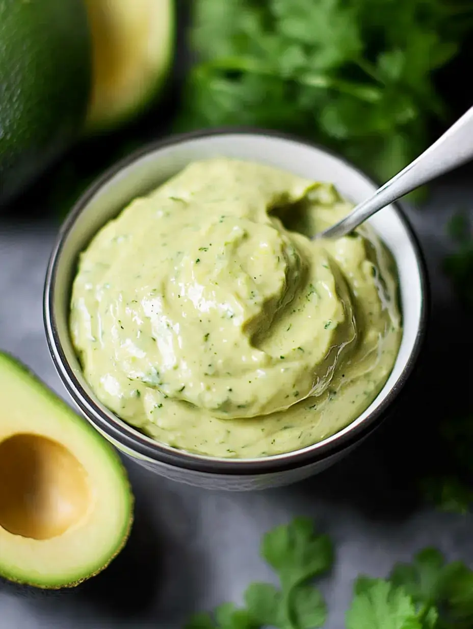 Un bol de sauce verte à l'avocat avec des herbes est entouré de moitiés d'avocat frais et de feuilles de coriandre.