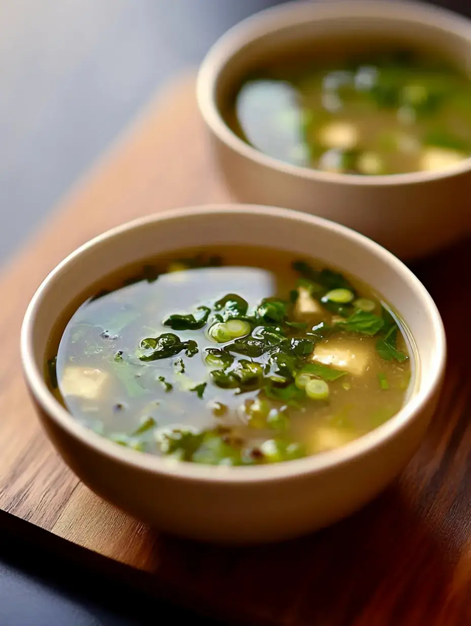 Deux bols de soupe claire garnis d'oignons verts hachés posés sur une surface en bois.