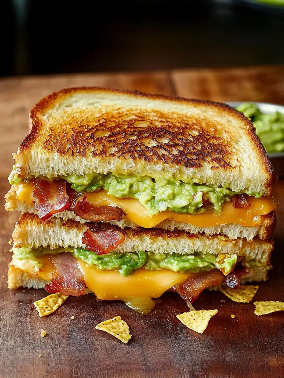 Un sandwich grillé garni de cheddar fondu, bacon croustillant et guacamole, servi sur du pain grillé avec des miettes de chips tortilla éparpillées à proximité.