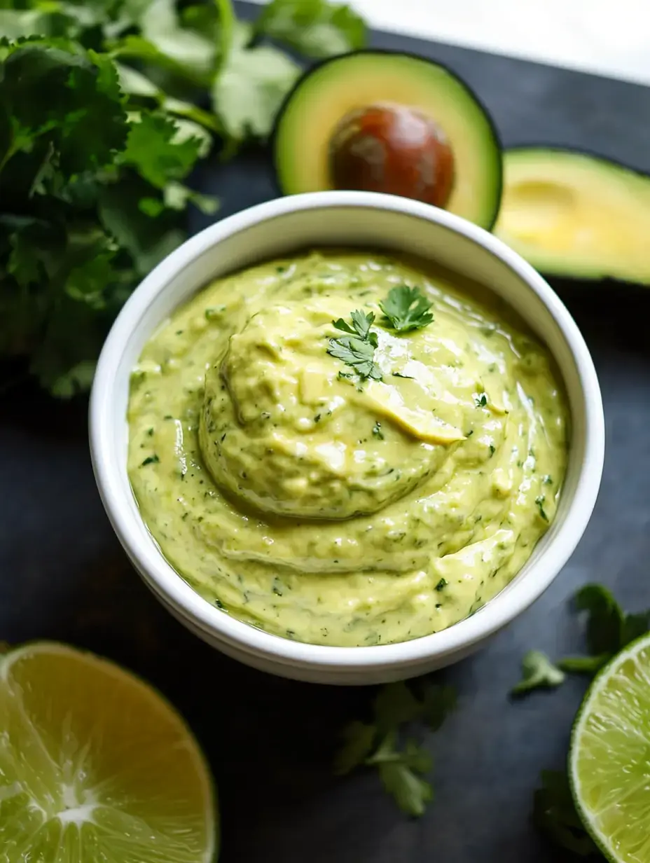 Un bol de sauce crémeuse avocat-coriandre entouré de tranches de citron vert, feuilles de coriandre et un demi-avocat sur une surface sombre.
