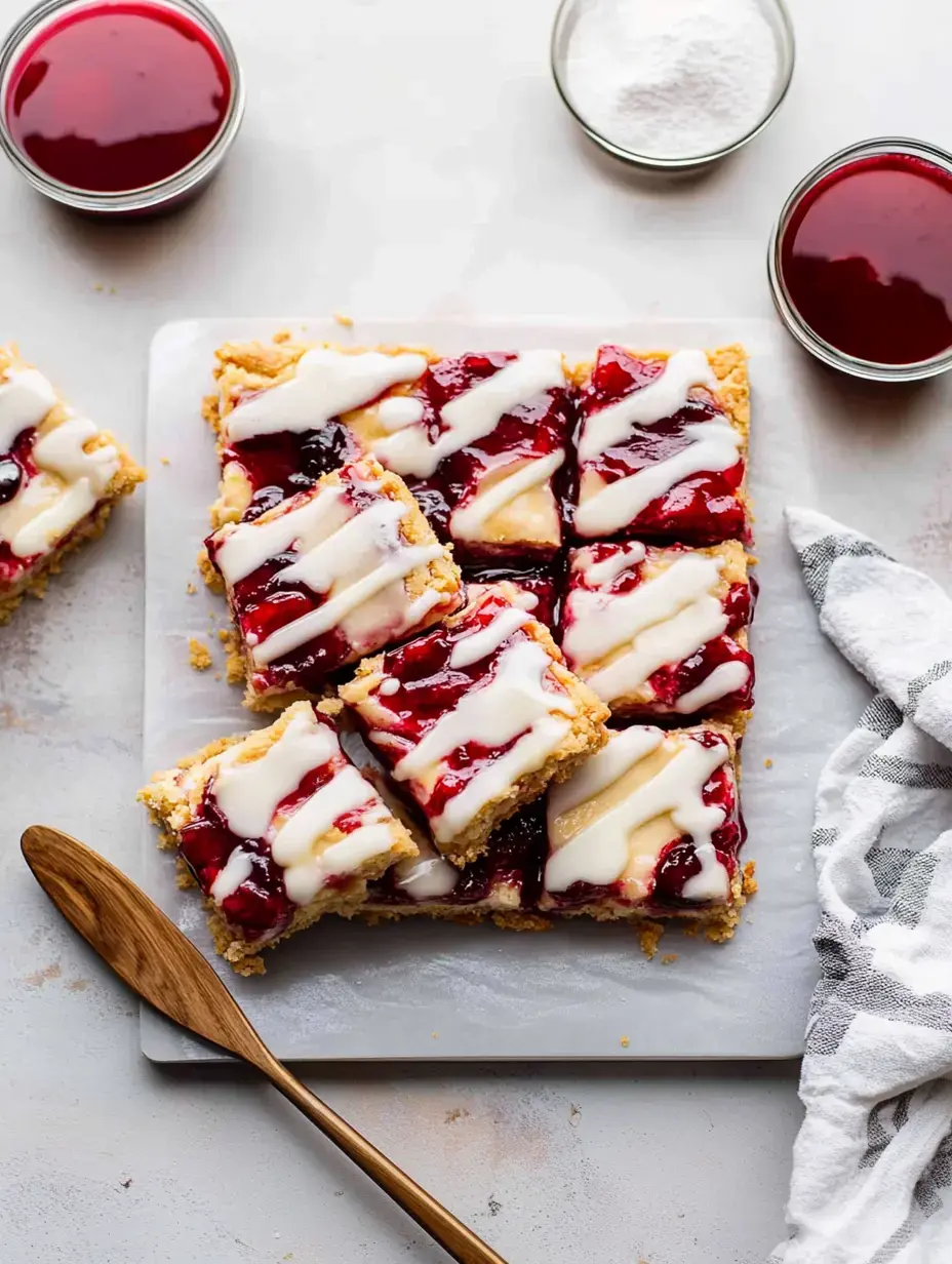 Un dessert carré garni de cerises et nappé de glaçage blanc, disposé sur une planche à découper à côté de bols de sauce aux cerises et de sucre glace.