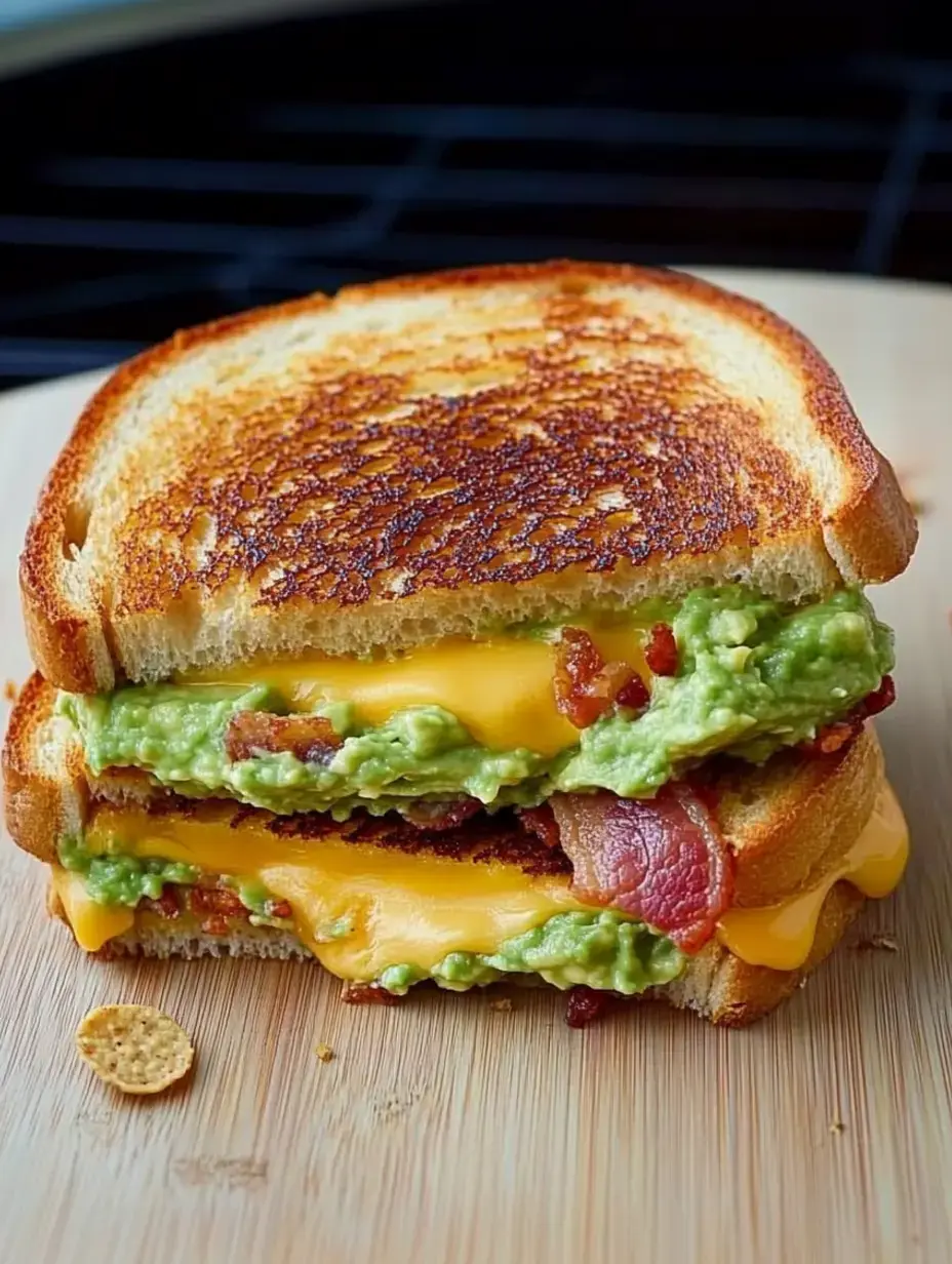 Un sandwich grillé avec des couches de fromage, guacamole et bacon, posé sur une planche à découper en bois.