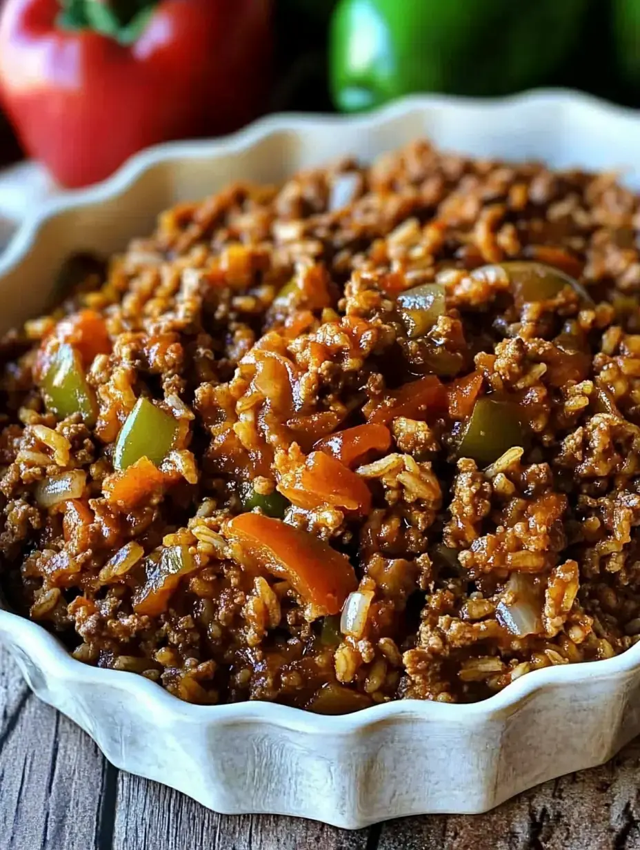 Un gros plan d'un plat contenant de la viande hachée assaisonnée mélangée avec du riz et des légumes colorés, servi dans un bol festonné.