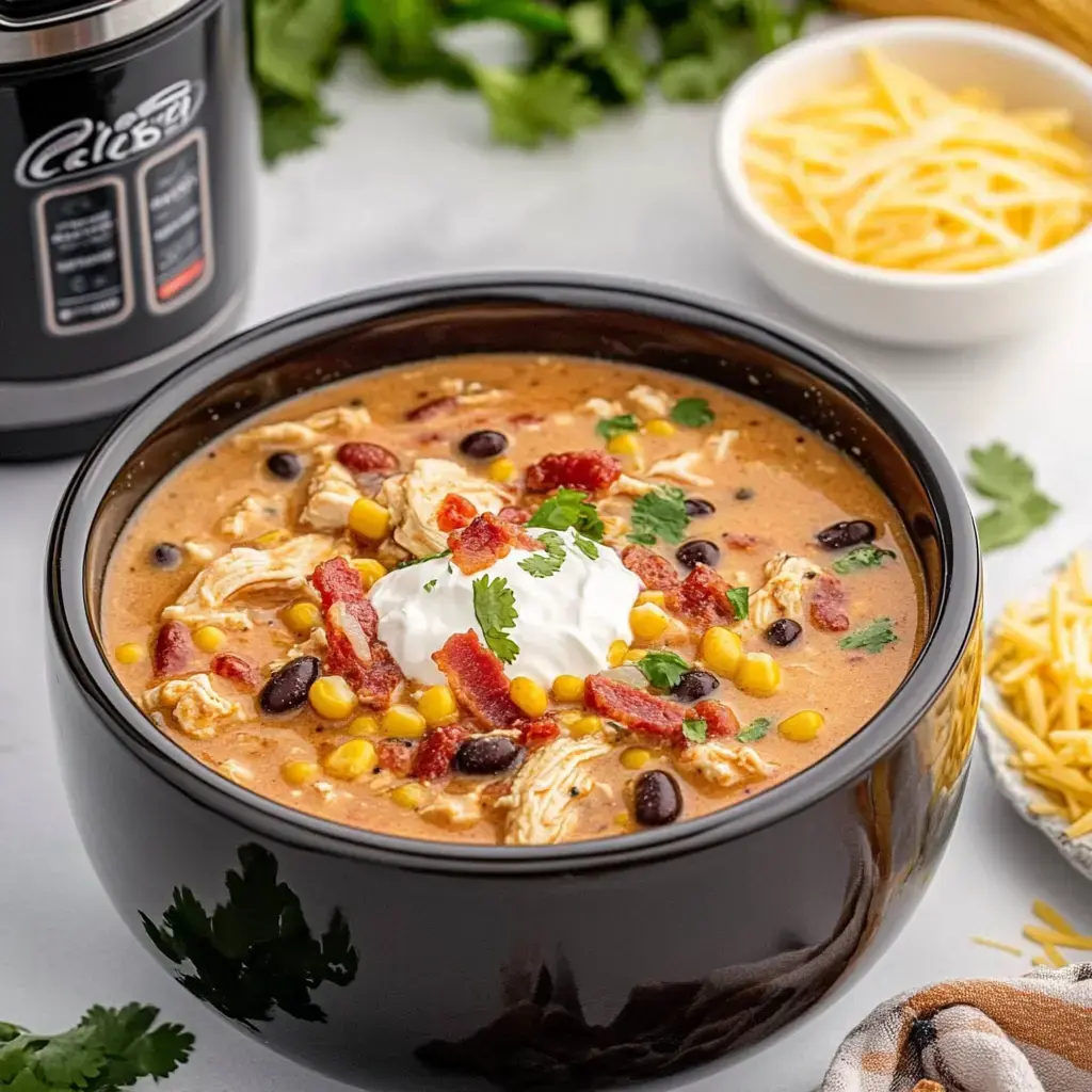 Un gros plan d'un bol noir rempli de soupe crémeuse au poulet garnie de poulet effiloché, maïs, bacon, coriandre et une touche de crème fraîche, avec un bol séparé de fromage râpé.