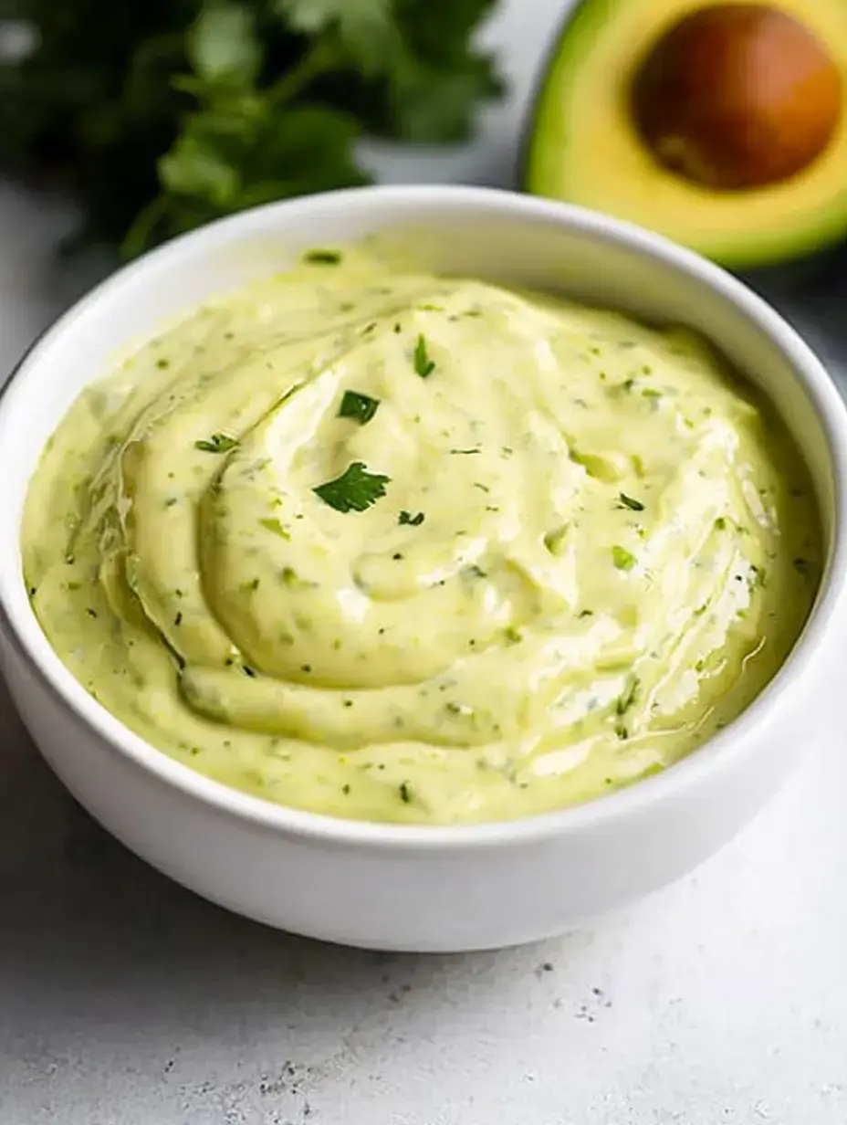 Un bol de sauce verte crémeuse à l'avocat, garni de coriandre hachée, posé sur une surface claire à côté d'un demi-avocat.